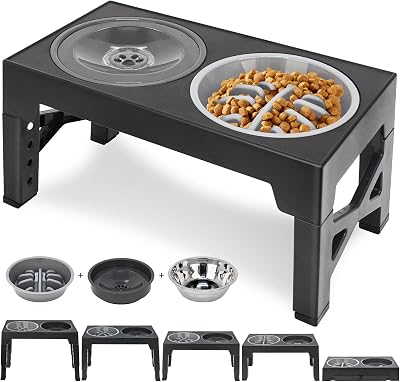 Polegas 3-in-1 Elevated Dog Bowl Stand 5 Heights Slow Feeder Stainless