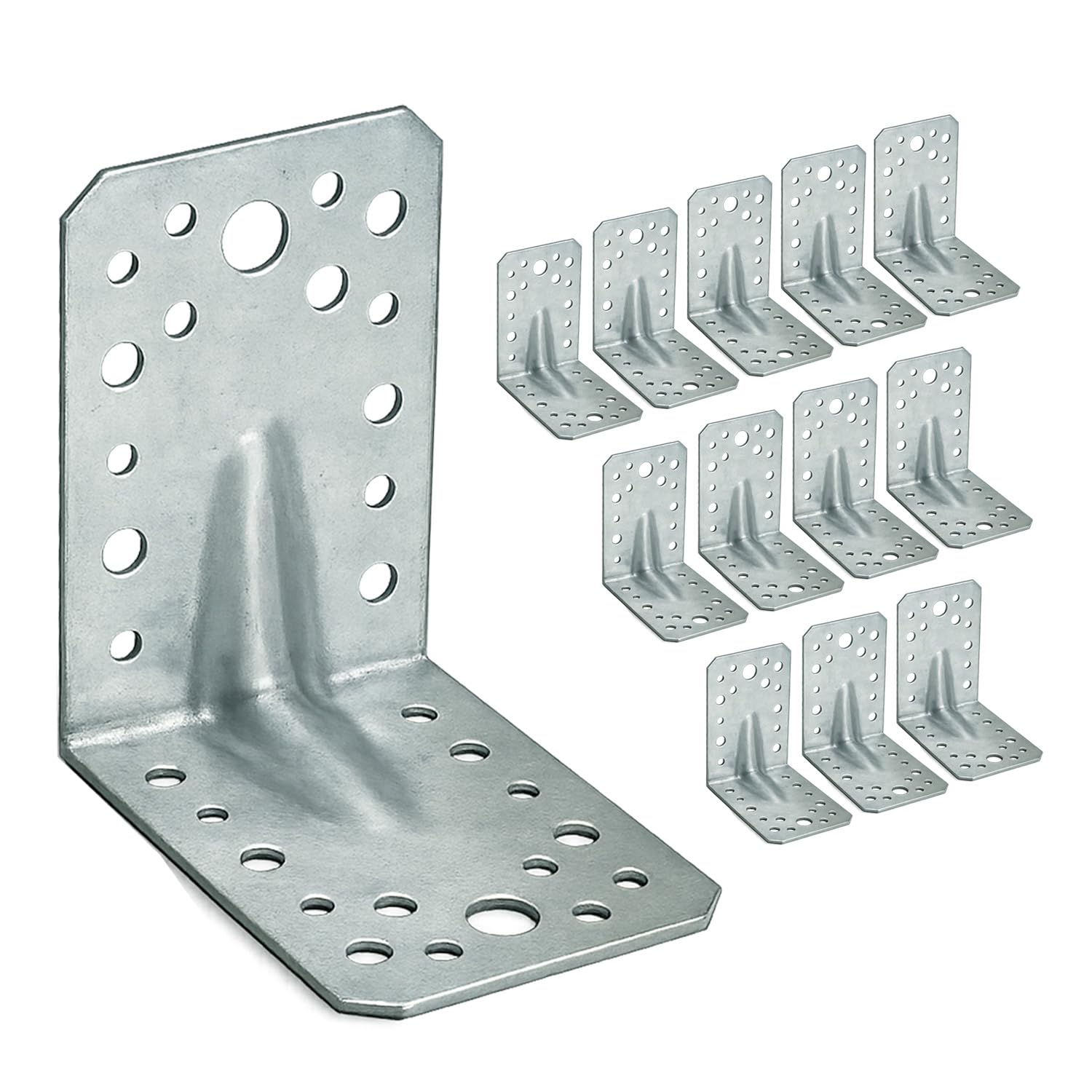OMIDEAS 12 x Angle Brackets (90 x 90 x 65 x 2.5) Heavy Duty Corner Sleeper Bracket with Beading Timber Wood Metal Joining Fixing L Galvanised Steel Sheet Connector