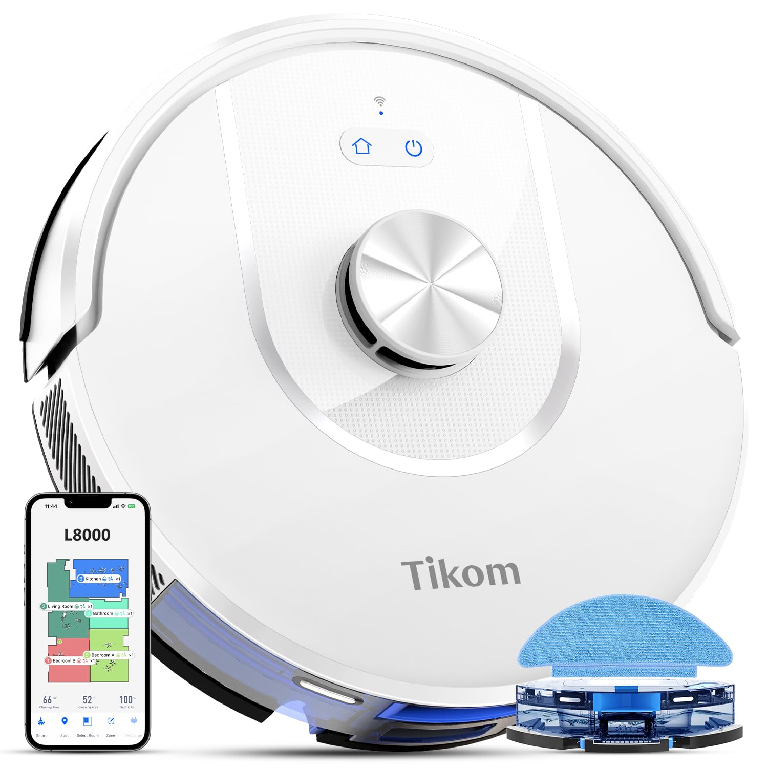 Photo 1 of Tikom Robot Vacuum and Mop, L8000 Laser LiDAR Navigation Robotic Vacuum, 150Mins Max, 45dB, 14 No-Go Zones, 20 Virtual Walls, Self-Charging, Good for Pet Hair, Carpet, Hard Floor, White