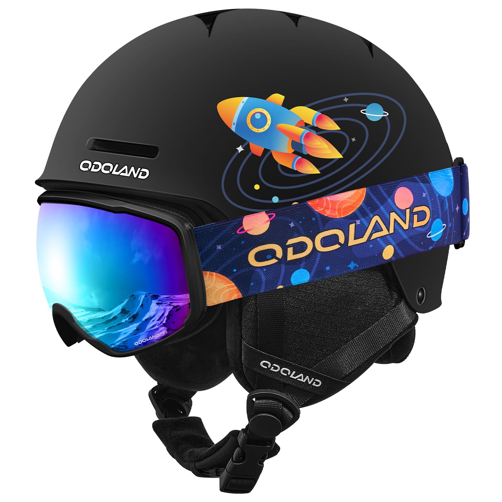 Odoland Kids Ski Helmet, Snow Helmet with Ski Goggles for Boys and Girls, Safety Youth Snowboard Sports Helmets and Goggles Set for Children Ages 6-14, Black Rocket, S Image