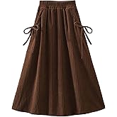 Womens Winter/Spring Midi A-Line Imitation Corduroy Skirt Pleated Elastic Waist Ruffle Bow Tie Skirt