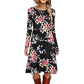 MISFAY Women's Long Sleeve Midi Dress Loose Casual Empire Waist Dresses with Pockets(Rose Black,2XL)