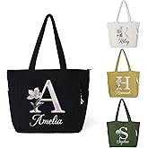 BYFDIY Personalized Mother of Pearl Initial Tote Bag For Women Cute Corduroy Custom Name Birth Flower Work Tote Bag Large Everyday Travel Handbags With Zipper Birthday Gifts for Mom Grandma Daughter