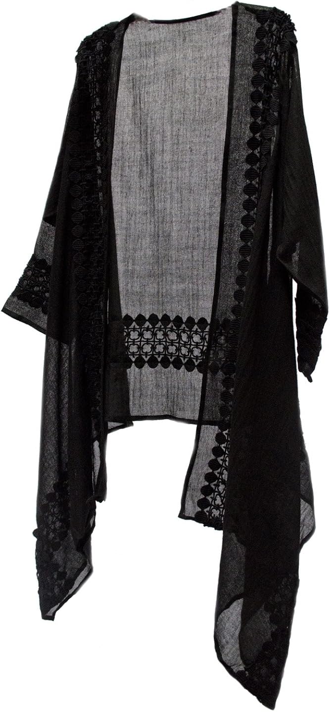 Black Appliqué Lightweight Wool Gauze High Low Jacket Kimono Duster