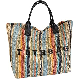 Beach Bag for women, Woven Tote Bag, Portable Travel Shoulder Bags, Colorful Stripes Casual Tote Pouch Shoulder Handb