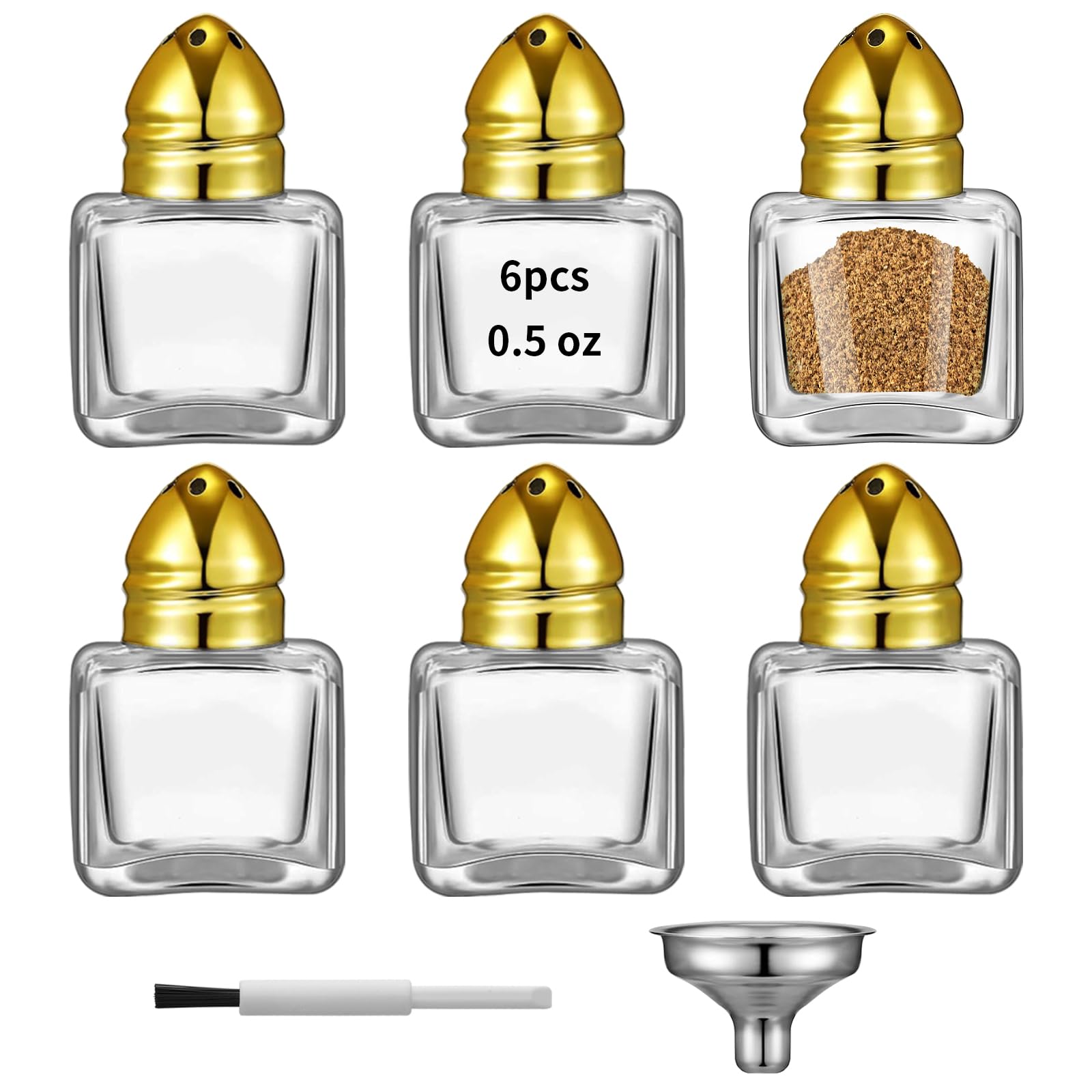 Photo 1 of 6Pcs 0.5 oz Cube Shape Small Salt and Pepper Shakers with Tone Tops Clear Mini Glass Seasoning Jars Spice Salt Shakers with Funnel for Wedding Party Restaurant Home Kitchen (Gold)