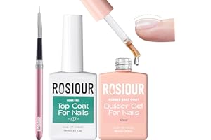 Rosiour HEMA and TPO Free Rubber Base Builder Gel and Top Coat with Nail Liner Brush, Long Lasting Clear Gel Base and Top Coat Kit for Nail Extension/Strengthen/Apex Building, Soak Off U V LED Cure