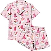QAUN Christmas Pajamas Sets Women Xmas Button Down Pjs Set Silk Holiday Vneck Sleepwear Santa Short Sleeve Loungewear Set