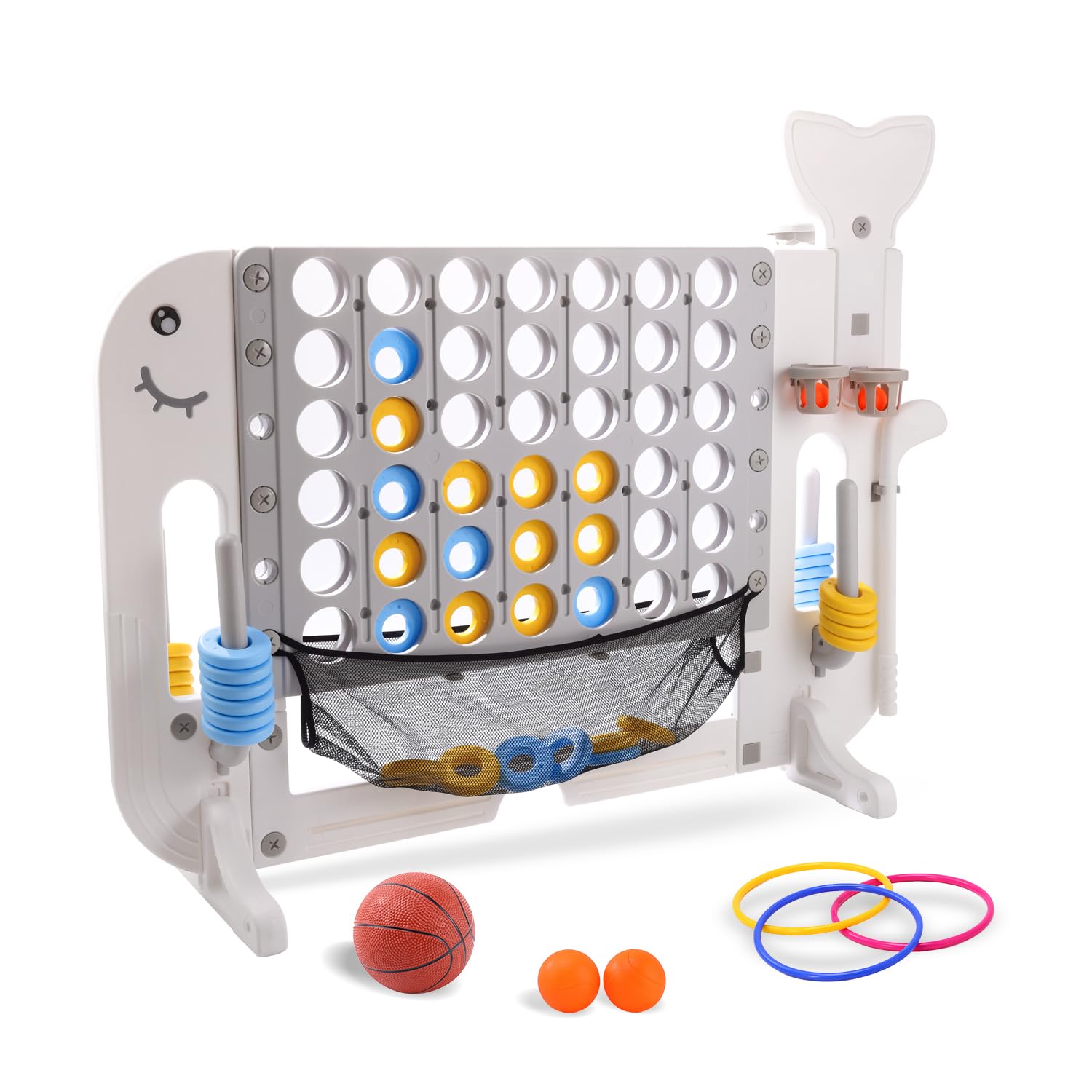 Giant 4 in a Row Connect Game, Adjustable Height (85cm-115cm) 4-in-1 Jumbo 4-to-Score Yard Game Set with Basketball, Golf, Ring Toss for Kids & Adults Indoor & Outdoor Family Party Game with Mesh Net