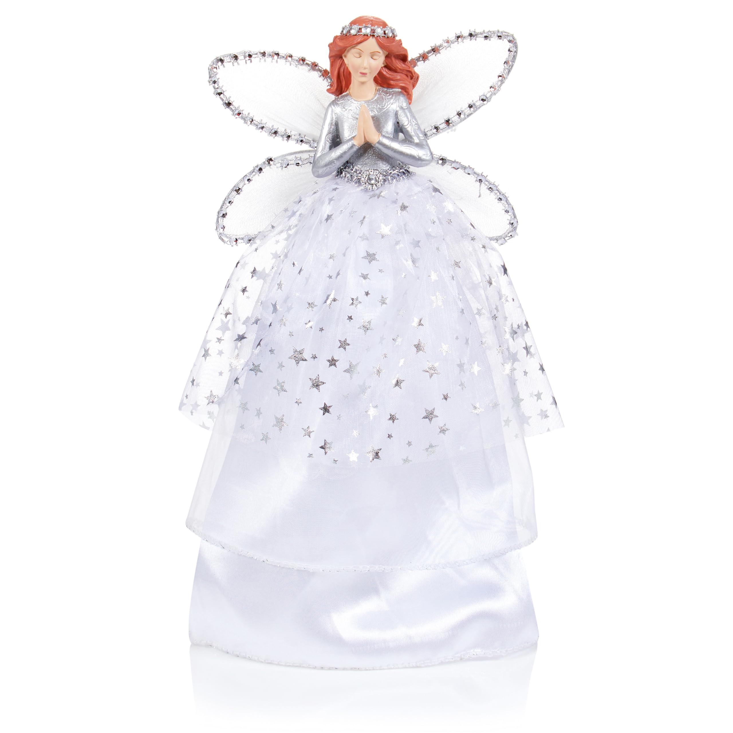 Premier Decorations Angel With Wings Christmas Tree Topper 28cm Festive Xmas Decoration Silver and White With Stars