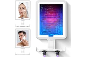 JJhxr Heated Shower Mirror Fogless for Shaving, 3 Color Dimming Shower Shaving Mirror, 9.5 * 8inch Anti-Fog Shower Mirror with Lights, Wall-Mounted Large Shaving Mirror with Razor Holder
