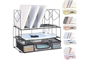 Becomrock Desktop Organizers and Accessories, Office Supplies, Dual Tray and 5 Upright Section, File Folder Holder And Organizer for Desk with Sliding Drawer (Black)