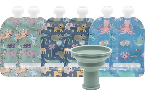WeeSprout Double Zipper Reusable Food Pouches, Perfect for Babies & Toddlers, Freezer & Dishwasher Safe (Animals, 5 Fl Oz (Pack of 6) + Pouch Filler)