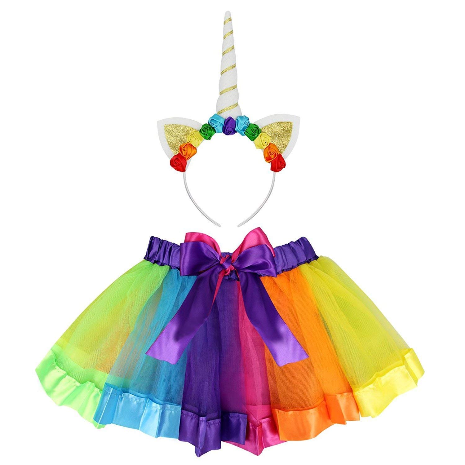 Rocita Girls\' Rainbow Tutu Skirt Colorful Pleated Gauzy Princess Dress With Unicorn Cat Ear Hair Clasp (Rainbow, M)