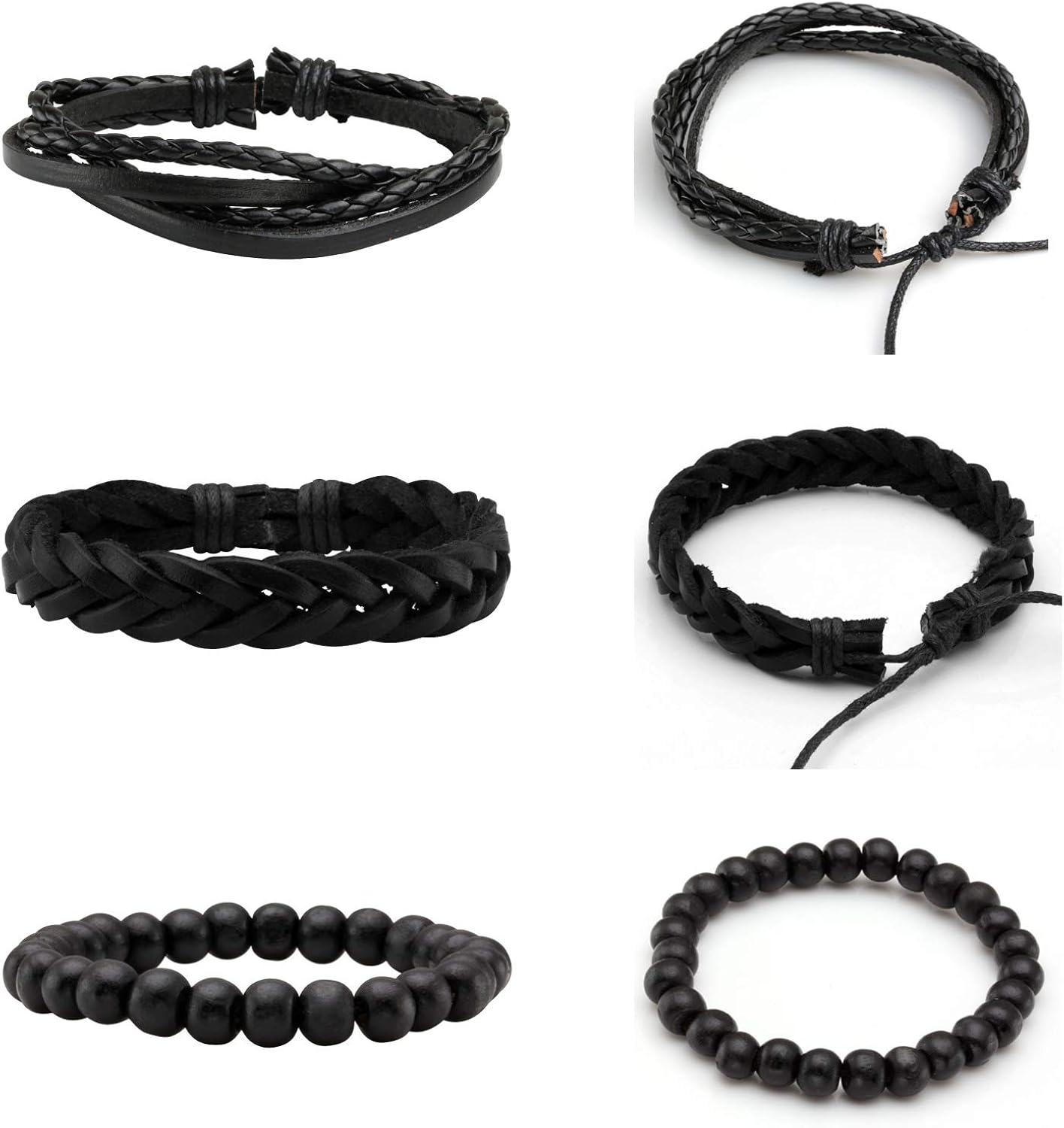 MILAKOO 6 Pcs Braided Leather Bracelets for Men Women Woven Cuff Bracelet Adjustable, Black - Image 3