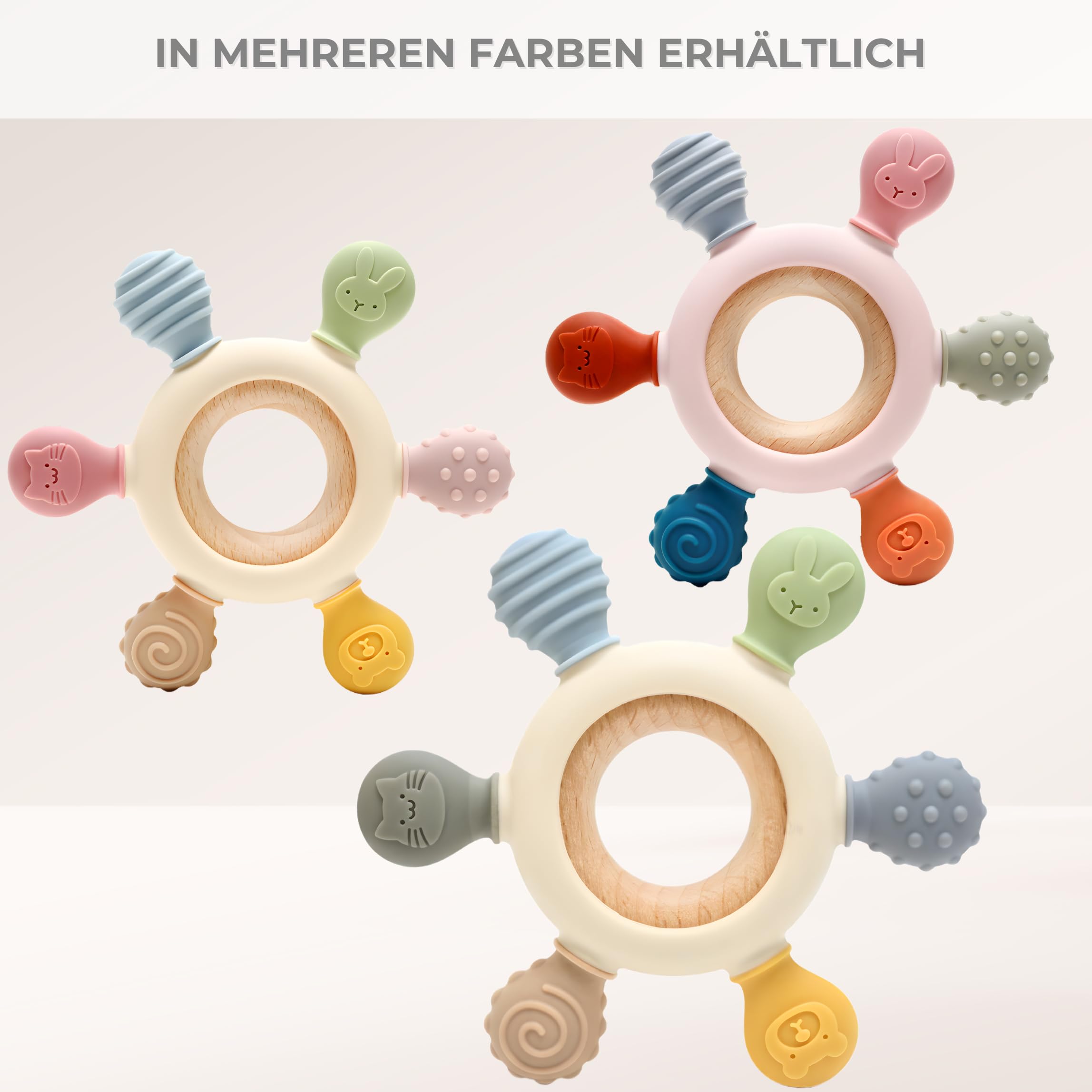 CAJA Beißring Baby BPA freie Zahnungshilfe und Beißspielzeug aus Silikon und Holz Greifring mit Tiermotiv Geschenkidee zur Geburt Sicheres Babyspielzeug für Jungen und Mädchen 8