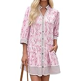 Wenrine Women's Floral Boho Mini Dress 3/4 Long Sleeve V Neck Casual Button Down Shirt Dresses