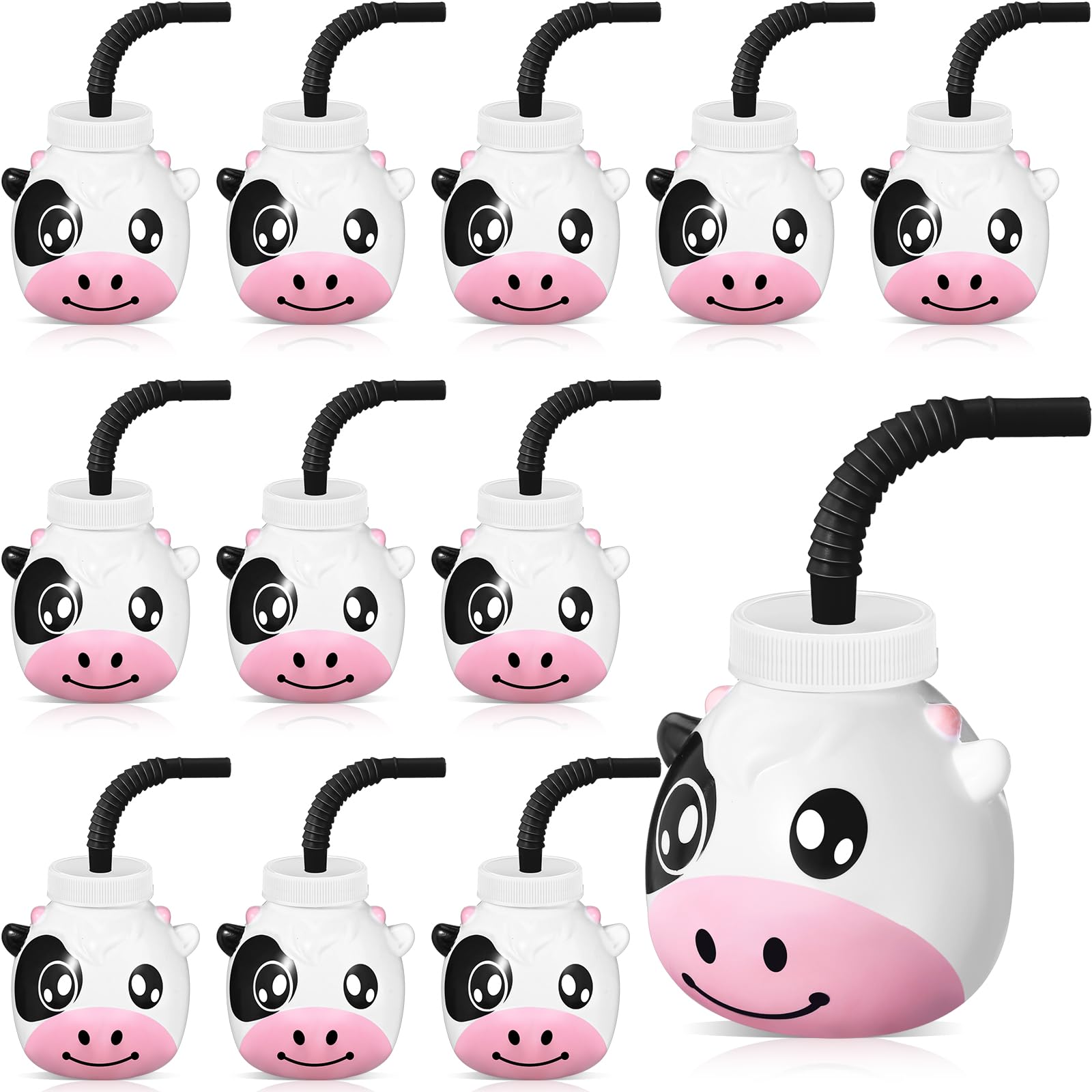 Photo 1 of Roshtia 12 Set Farm Animal Cups with Straws and Lids 11 oz Plastic Reusable Animal Themed Cups Cute Sippy Cups for Kids Birthday Farm Theme Party Favor Supplies(Cow)
