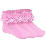 Pistha 3 Pairs Girls Ruffle Socks Pink Ruffled Lace