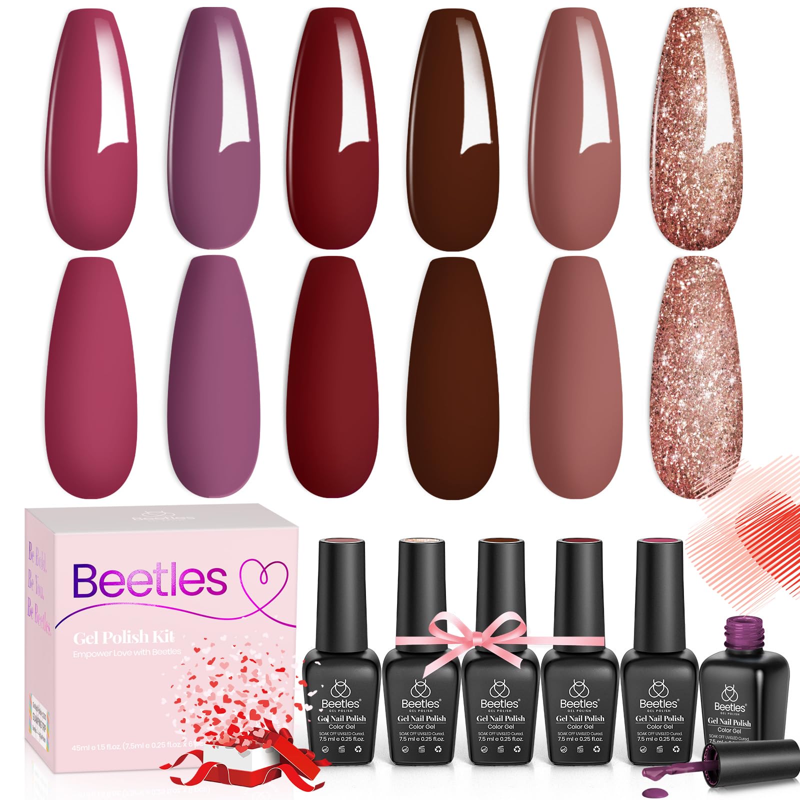 Beetles Pink Gel Nail Polish Set, 6 Pcs Burgundy Red Glitter Nail Polish Pink Brown Silent Flower Set Soak Off UV LED Nail Lamp Art Manicure Salon DIY Home Gifts for Women - Image 8