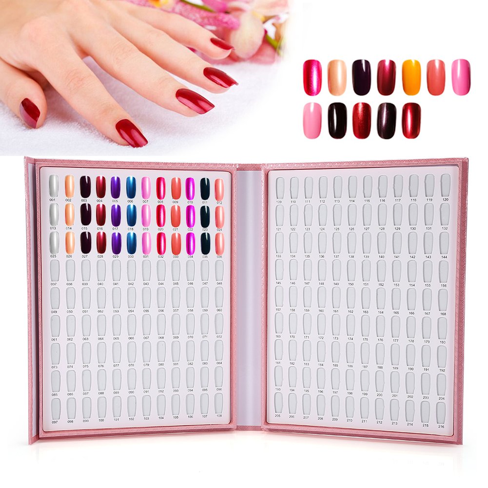 216 Colors Nail Color Display, 2 Types Nail Polish Display Chart Book, Nail Polish Color Card Board Nail Art Salon Set (Pink)