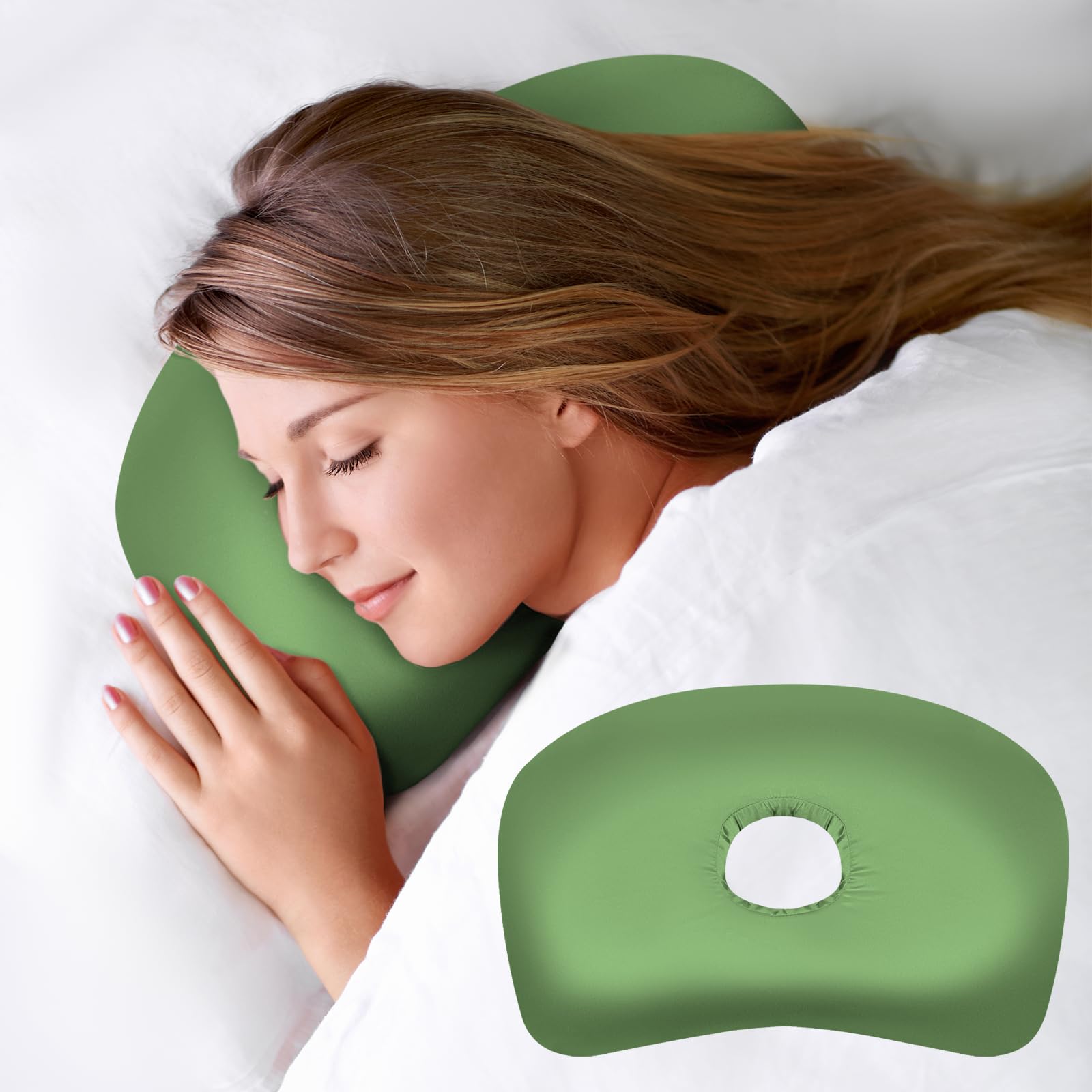 Photo 1 of Wuronsa Ear Piercing Pillow with an Ear Hole, Cotton and Polyester Side Sleeping Pillow for CNH and Ear Pain Ear Inflammation Pressure Sores for Side Sleepers, Ear Guard Pillow (Light Green Silk)