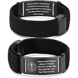 EnvoGif Personalized Medical ID Bracelets for Men Women: Custom Engraving Adjustable Nylon Band Medical Alert Bracelet - Emer