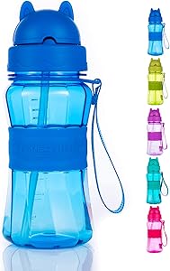 Water Bottle for Kids with Straw, 12oz, BPA Free, Leak Proof, Carrying Strap, Cute Cat Face Lid and Anti-skid Body Design, Lightweight and Kids Sized for Your Boys, Girls and School Students (Blue).