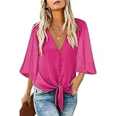 luvamia Women's Casual V Neck Tops 3/4 Sleeve Tie Knot Blouses Solid Button Down Shirts
