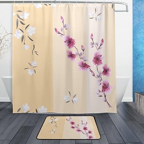 Amazon シャワーカーテン お風呂カーテン カーテンリング付属 防水 防カビ 白とピンクの花柄 ベージュ背景 オシャレ 目隠し用 間仕切り 浴室 洗面所 取付簡単 168 1cm シャワーカーテン ホーム キッチン オンライン通販