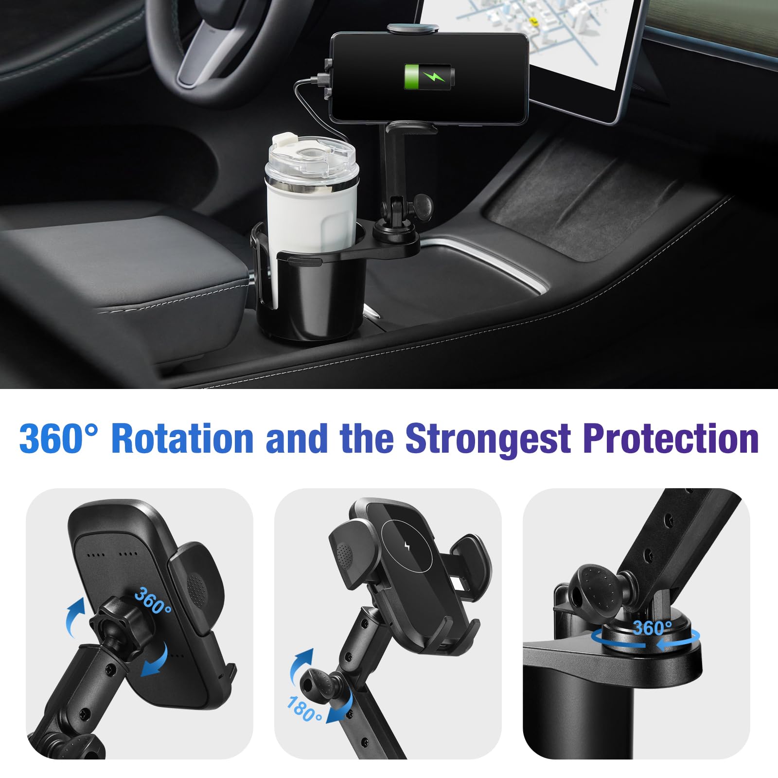 This Hill Cup Holder Phone Charger, 15W Fast Charging Auto Clamping, Phone Holder for Cup Holder Charger with Adjustable Base & 360° Rotation Compatible for All Smartphones(with Car Adapter)