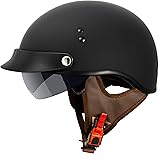 VCAN Cruiser Solid Flat Black Half Face Motorcycle Helmet with Drop-Down Sun Visor, Removable Peak and Quick Release Buckle (