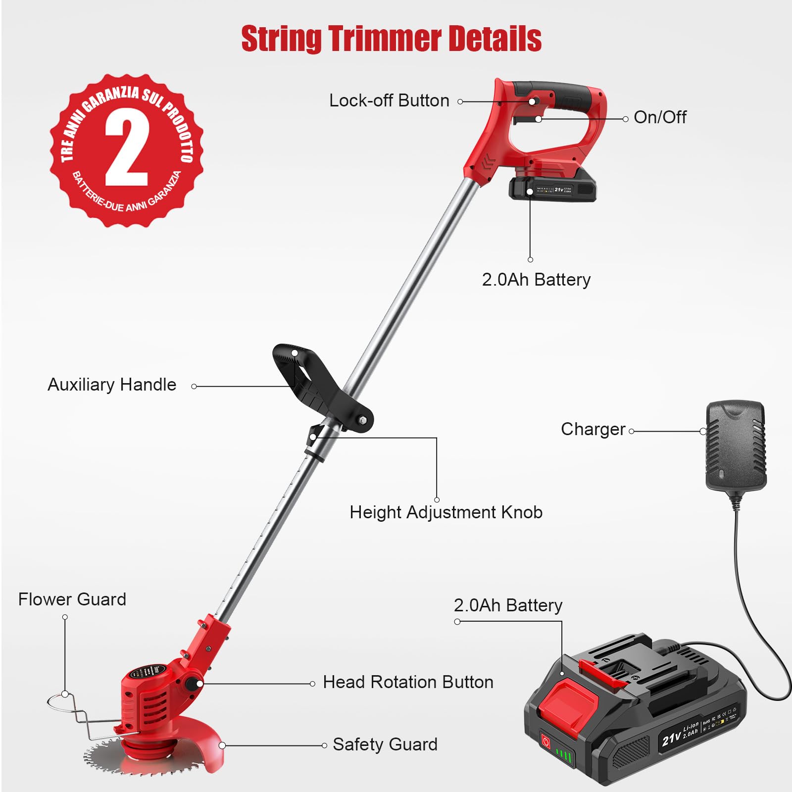 Bamse Rasentrimmer mit Akku – Akku Rasentrimmer, 11000 U/min, 2x2000mAh, Teleskopgriff 85–120cm, 2 Schneidköpfe – Freischneider Akku für Garten, Motorsense, Kantenschneider Rasen, Rot 9