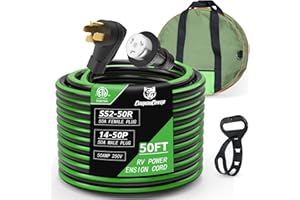 CoukouCover 50 Amp 50 FT RV Power Extension Cord 14-50P to SS2-50R Heavy Duty STW Generator Extension Cord, Waterproof with Cable Organiser for RV Camper Generators to Houses, Black Green, ETL Listed