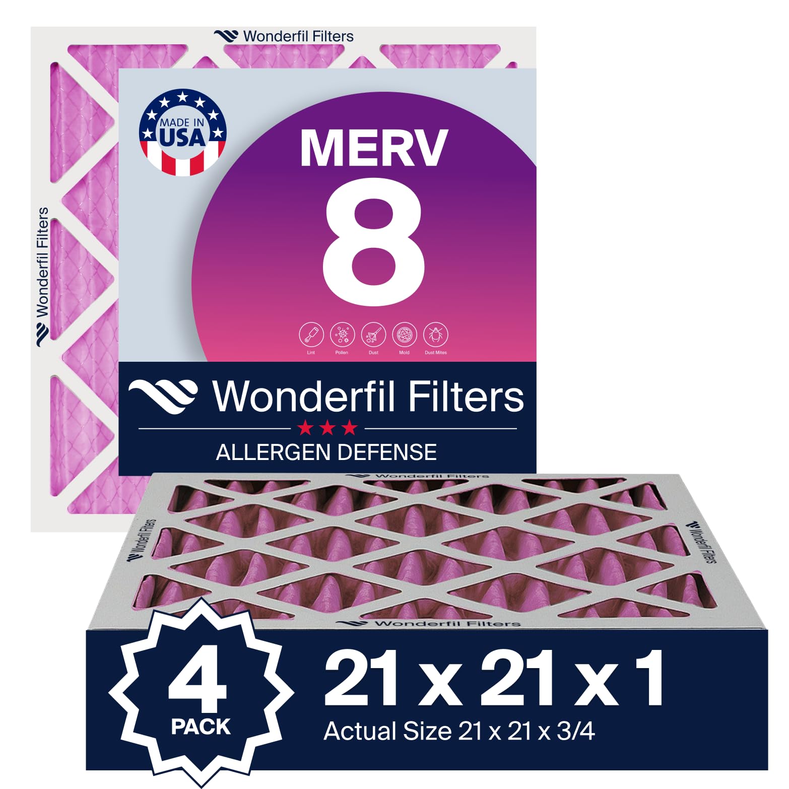Photo 1 of 21x21x1 MERV 8 Air Filter (4-Pack) | Wonderfil Filters | Pleated HVAC Design | Perfect Fit for AC & Furnace Systems | Actual Size: 21" x 21" x .75"
