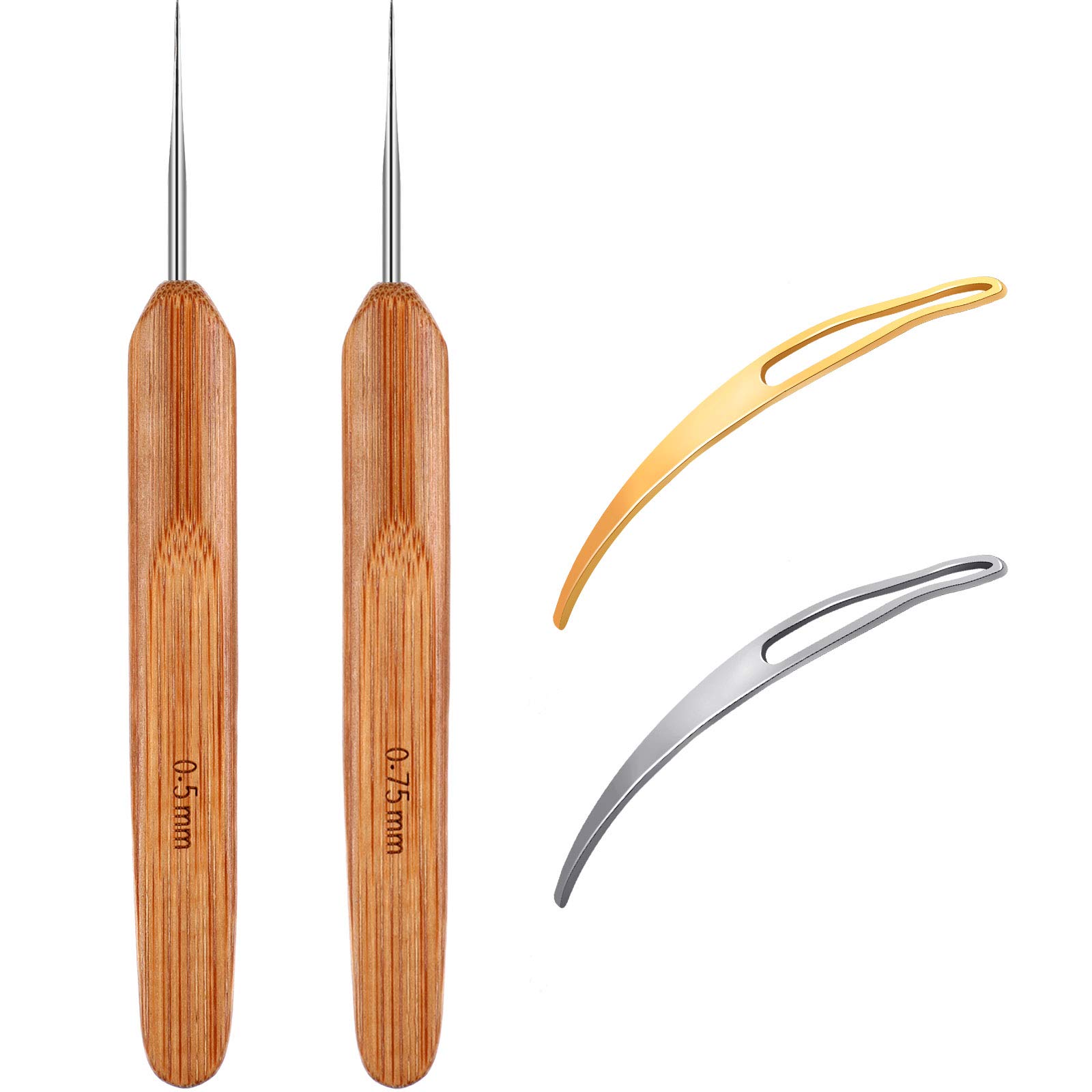 4 Pieces Dreadlock Crochet Hook Set, 2 Pieces Bamboo Handle Dreadlock Crochet Hook (0.5 mm and 0.75 mm) and 2 Pieces Hair Locking Tool for Braid Craft