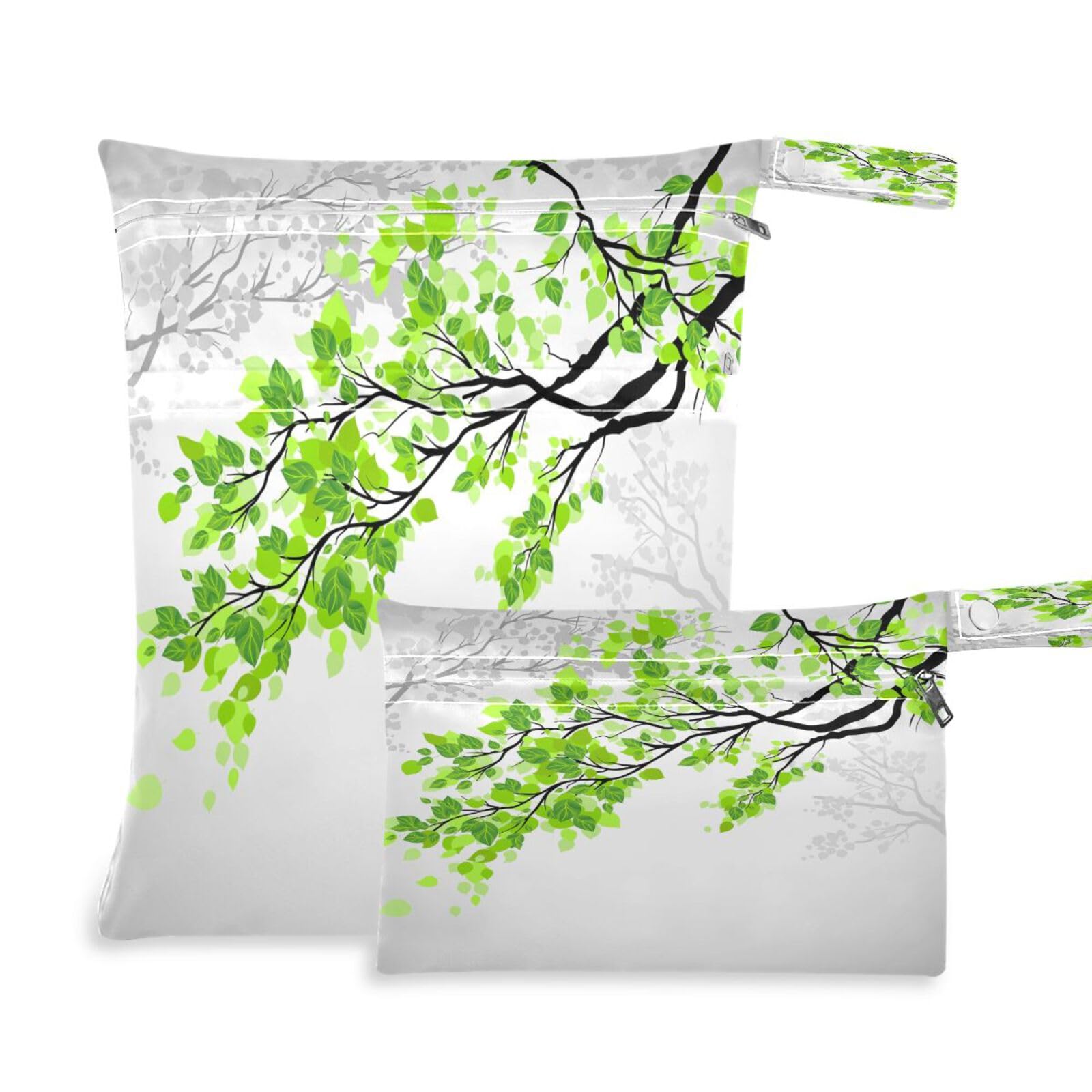 JUMBEAR Green Leaves Wet Dry Bags Sets Waterproof Reusable Travel Beach Baby Cloth Diaper Wet Dry Bags Organizer with Two Zippered Pockets for Swimsuit and Gym 2PCS