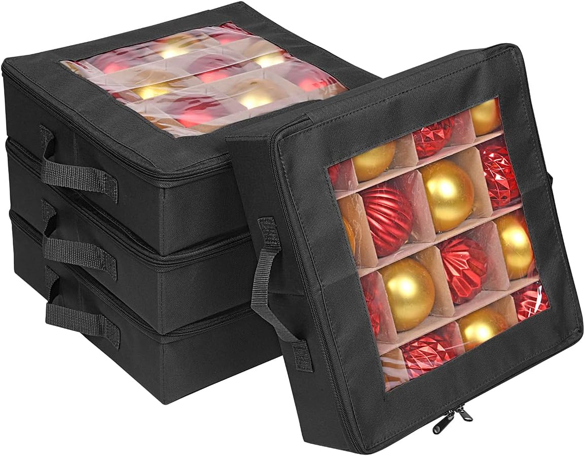 Holiday Décor Storage - ProPik 4 Pcs Christmas Ornament Storage Boxes with Dividers, Transparent Top, Zipper Closure & Handles- 4 Individual Ornament Holder Trays- Keeps 64 Holiday Ornaments- Durable Ornament Organizer Storage Box (Black)