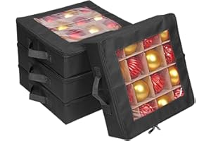 ProPik 4 Pcs Christmas Ornament Storage Boxes with Dividers | 4 Individual Trays Hold 64 Holiday Decoration Balls | Durable Ornaments Organizer Storage Box | Zippered Closure with Handles (Black)
