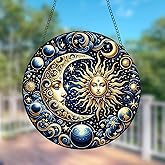 Stained Glass Style Round Window Hanging Decor - Celestial Sun and Moon Mythical Design - Suncatchers for Bedroom, Garden & Home Decoration - Adds a Mystical and Elegant Touch