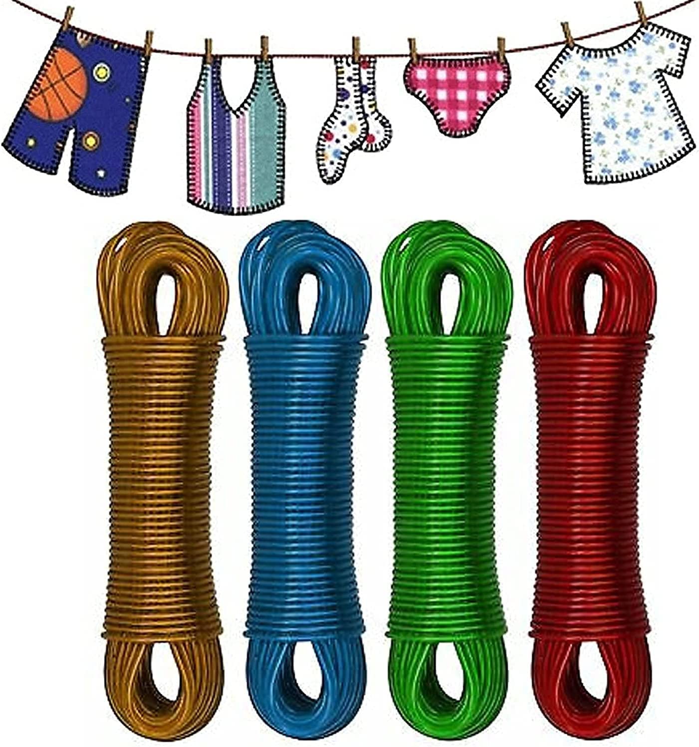 50m Washing Line Rope Metal Core Laundry Clothes Lines Thick Strong Plastic PVC Cover for Clothes Drying Garden Outdoor Use - Assorted Colors