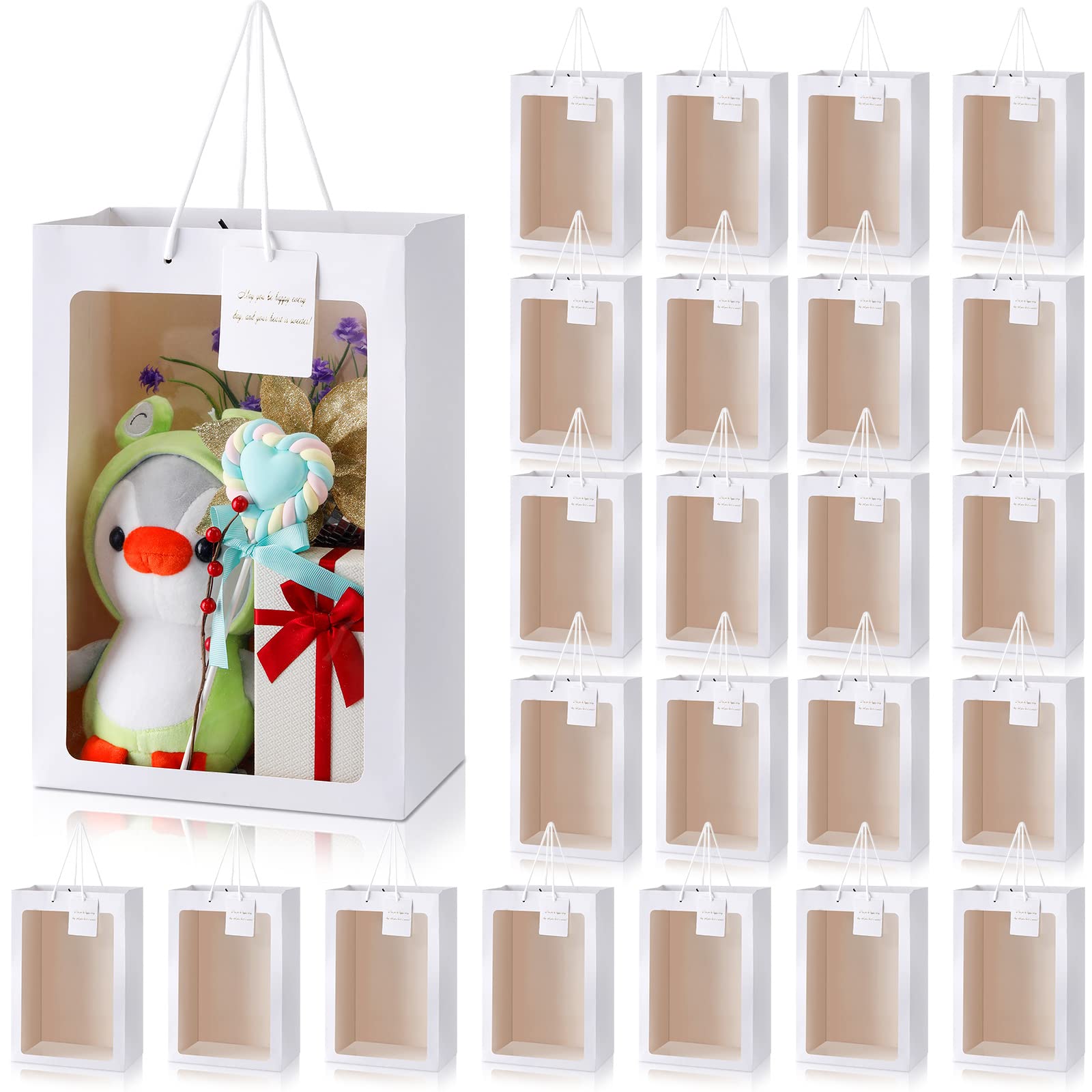 Photo 1 of Yahenda 24 Pcs Back to School Gift Bags with Clear Window 13.8 x 9.8 x 5.9" Large Transparent Paper Bouquet Totes Bags with Handle for Wedding Birthday(White)