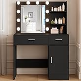LIVELYGLOW Lighted Makeup Vanity Desk, 35.4”W x 15.7“D x 54”H, Black (with Lights and Mirror, Dimming Function, 2 Drawers and 1 Cabiniet, Open Shelves)