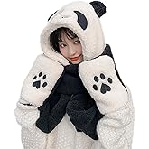 3 in 1 Panda Hat Scarf and Gloves for Women Girls Winter Warm Furry Hood with Hand Pocket Mittens Windproof Cycling Hat Gloves Neck Warmers Thick Plush Animal Cosplay Headwear