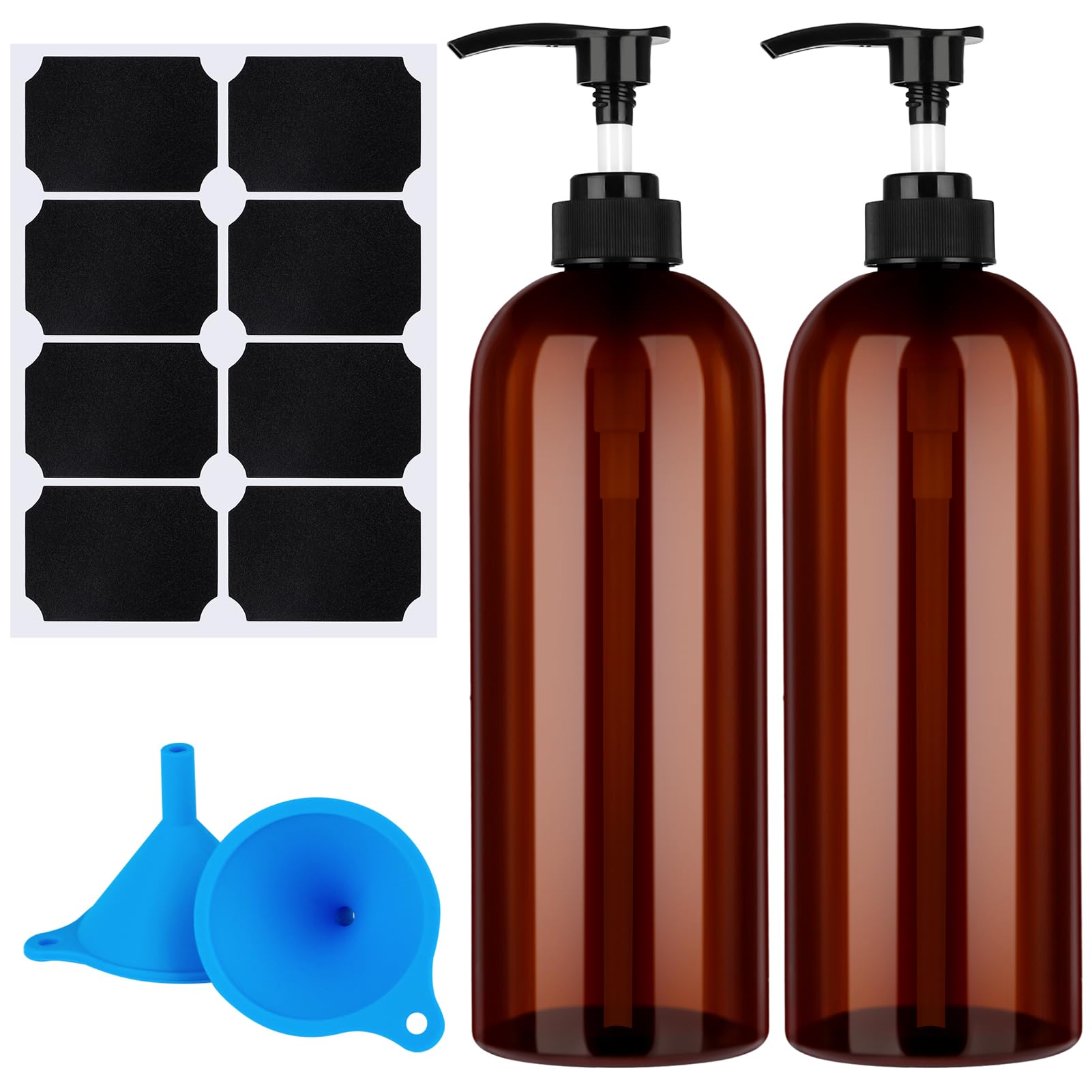 Partideal Pump Bottle Dispenser, 2 Pcs 1000ml/35.2oz Refillable Empty Plastic Amber Bottles with Funnel and Label for Lotions, Shampoo, Conditioner