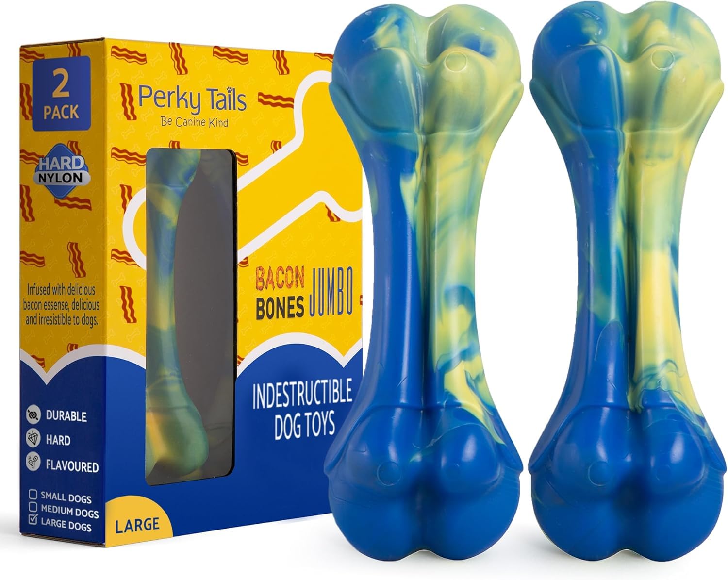 Perky Tails – Almost Indestructible Dog Toys for Large Dogs – Heavy Duty Plastic Dog Toys for Aggressive Chewers, Safer Than Rubber – Delicious Bacon Flavour