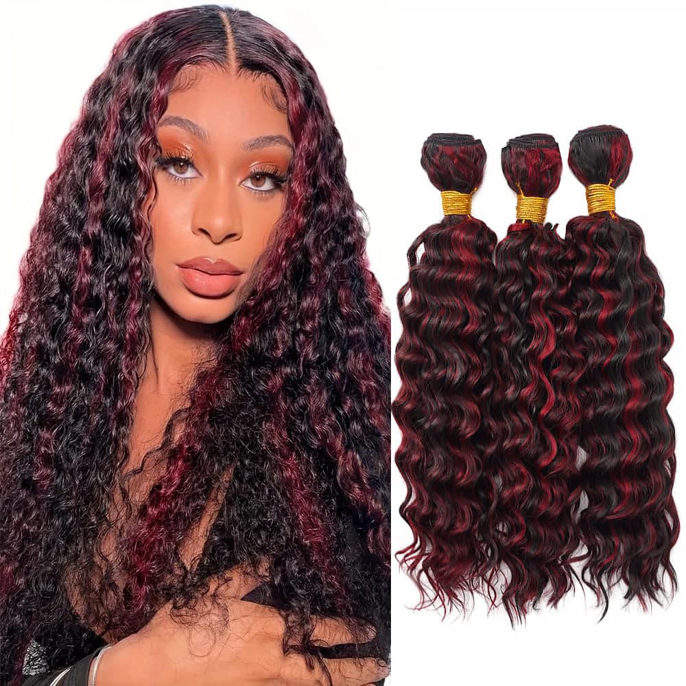 Photo 1 of 1B99J Burgundy Highlight Human Hair Bundles Deep Wave Quick WeaveWet and Wavy Unprocessed Native Virgin Raw Hair Extensions 3 Bundles 22 24 26 Inch Double Weft 2 Tone Mixed for Woman
