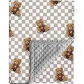 FIGEPO Bear and Buffalo Check Plaid Baby Blanket Gender Neutral Blankets for Newborn Baby Girls or Boys Nursery Toddler Double Layer Blanket with Dotted Backing and Bear Printed (Bear 2)