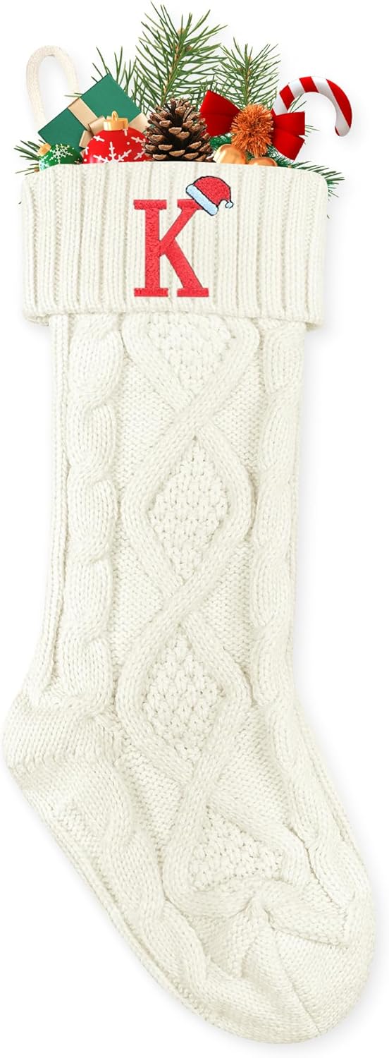 Stockings & Holders - CRSTAFU K Personalized Christmas Stockings, 20 Inch Large Family Embroidered Initials White Knitted Xmas Stocking