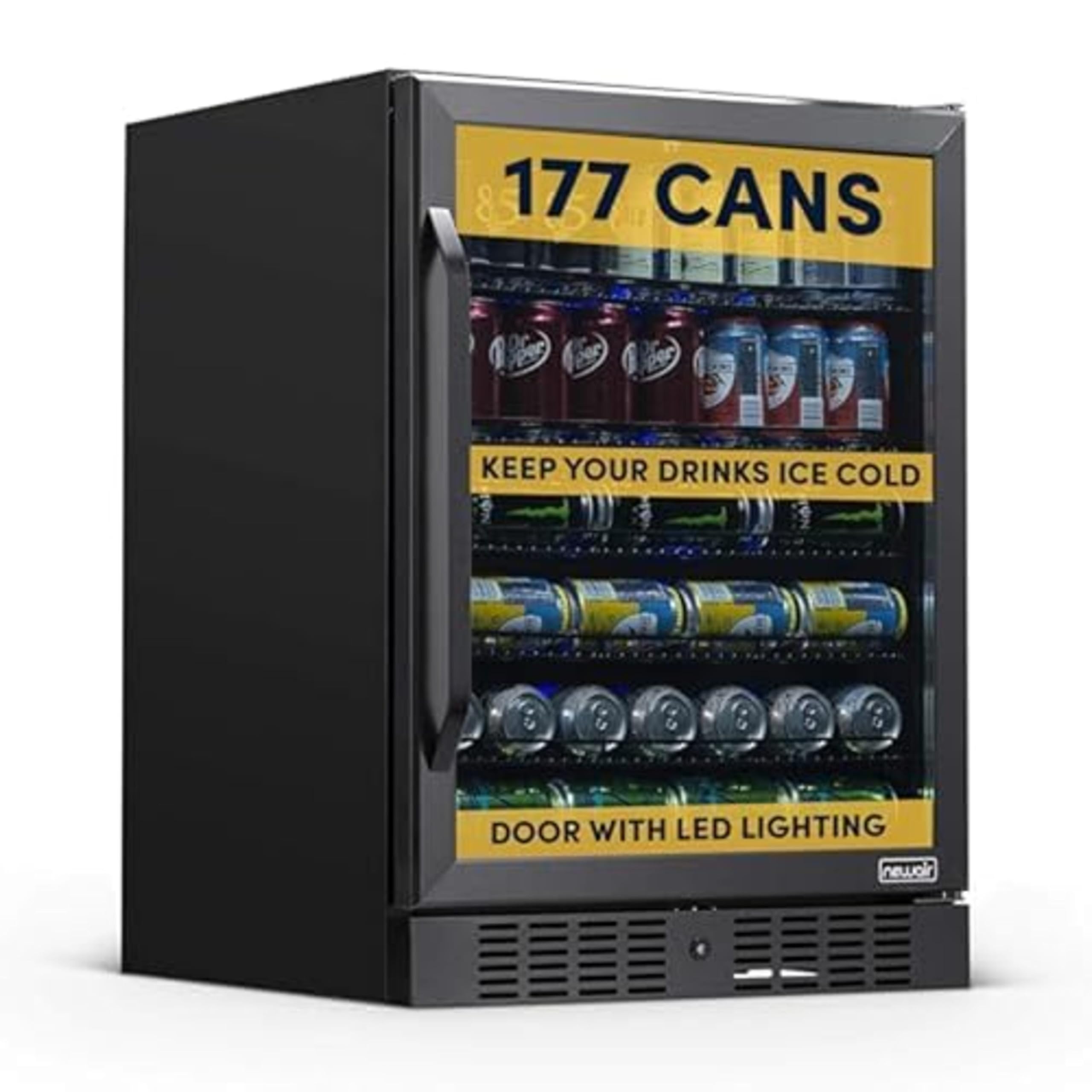 Photo 1 of **MISSING PARTS** NewAir Beverage Refrigerator with Glass Door | 177 Can Mini Fridge for Bedroom, Dorm, Office, or Gaming Setup | Soda, Beer, and Wine Cooler | Black Stainless Steel
